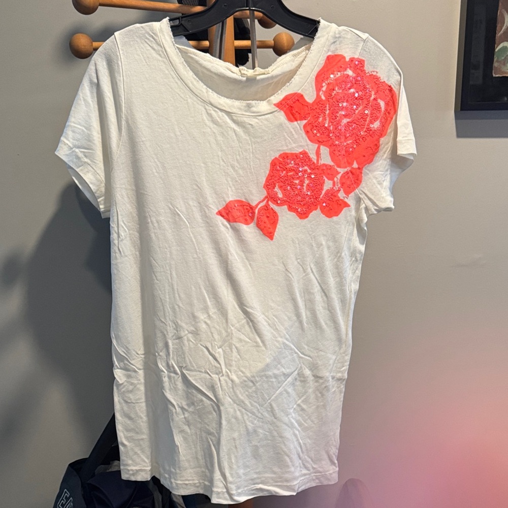 J. Crew White Tee with Coral Floral Design